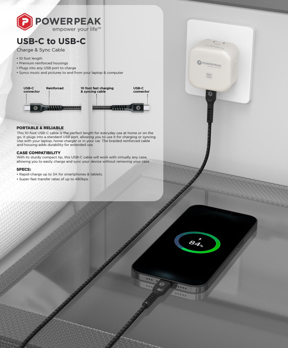 PowerPeak Braided Nylon USB-C to USB-C Charge & Sync Cable - 10 Ft - Black