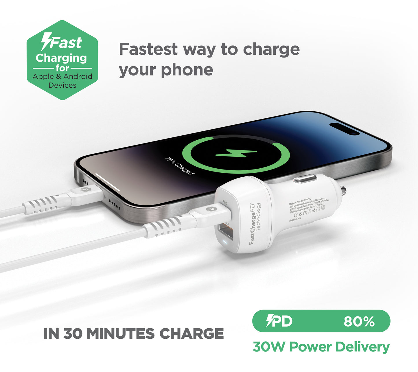 PowerPeak Super Fast 48W PD Car Charger A+C With Cable - WHITE