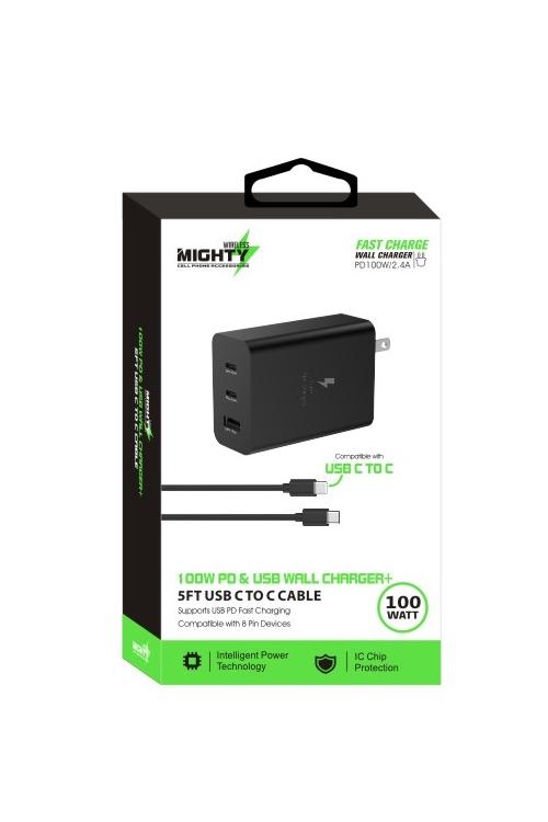 Baseline Dual USB-C + USB-A Fast Charging Travel/Wall Charger Kit With USB-C to USB-C Cable - 5 Ft - White