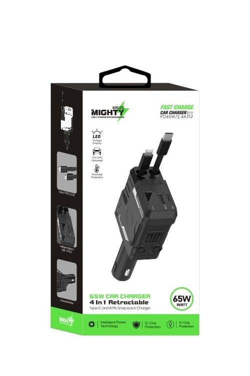 65W Fast Charging Retractable 4 In 1 Car Charger