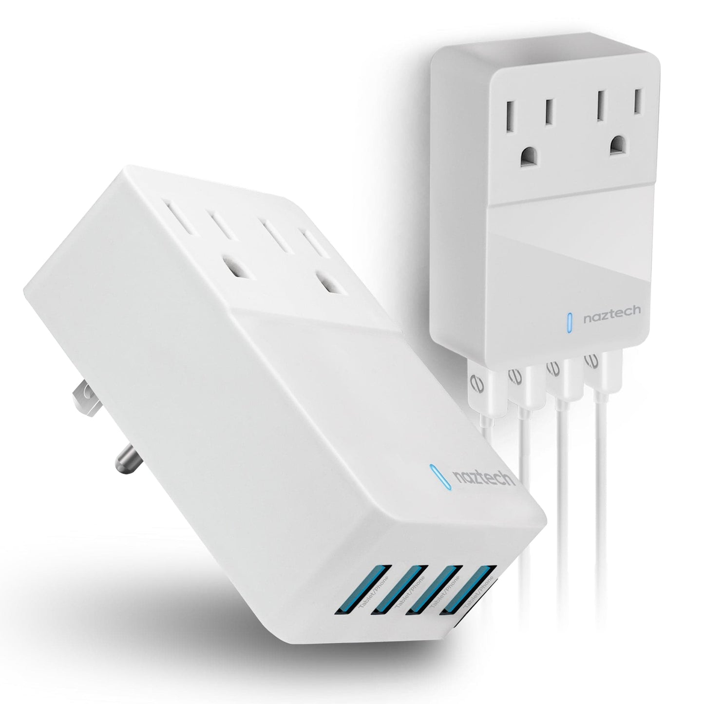 Naztech Fast 48W Multi-Device USB Charger with Dual AC outlet extension & 4 USB ports - Color Options