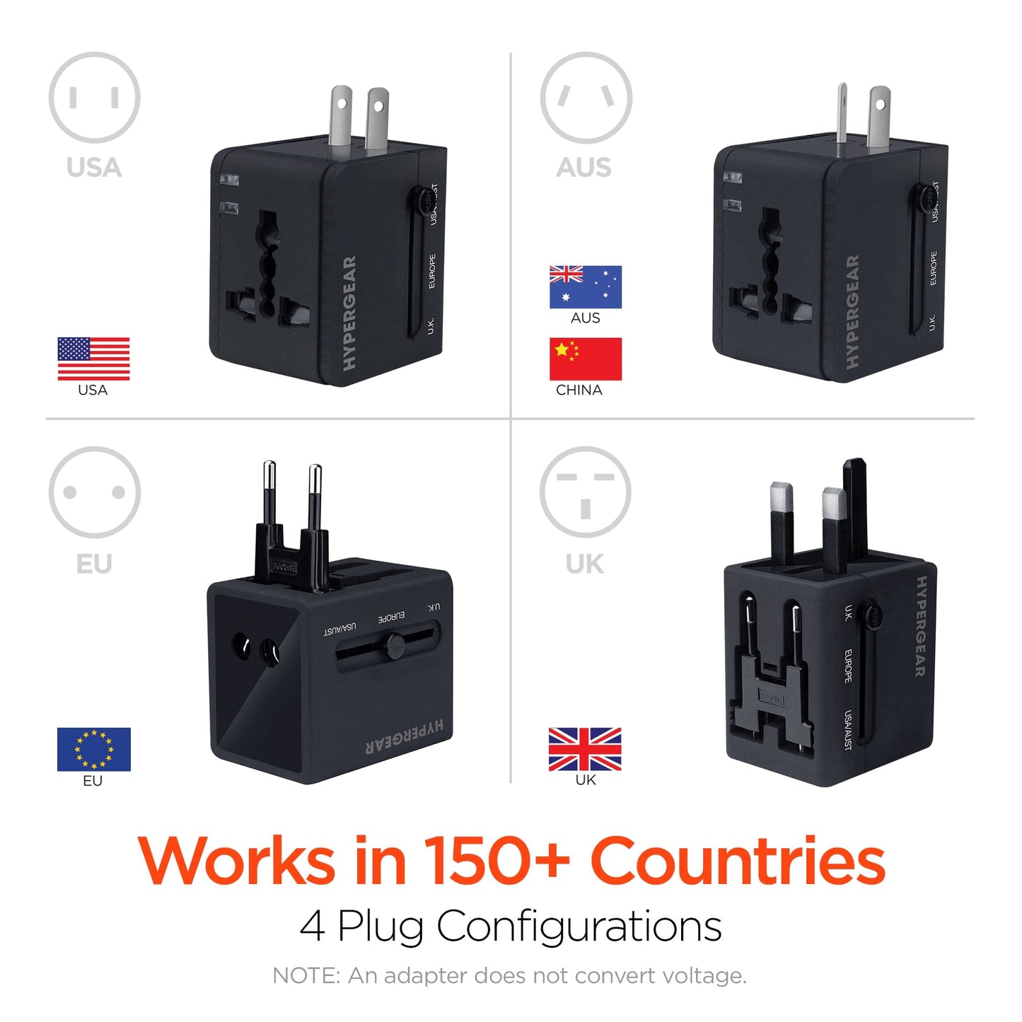 Hypergear All-in-One World Travel Adapter - Fits US, AUS, EU, and UK plug configurations - Black