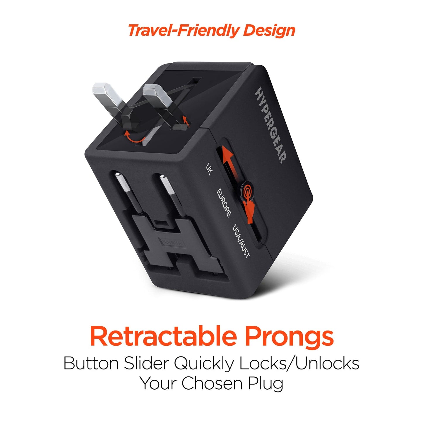 Hypergear All-in-One World Travel Adapter - Fits US, AUS, EU, and UK plug configurations - Black
