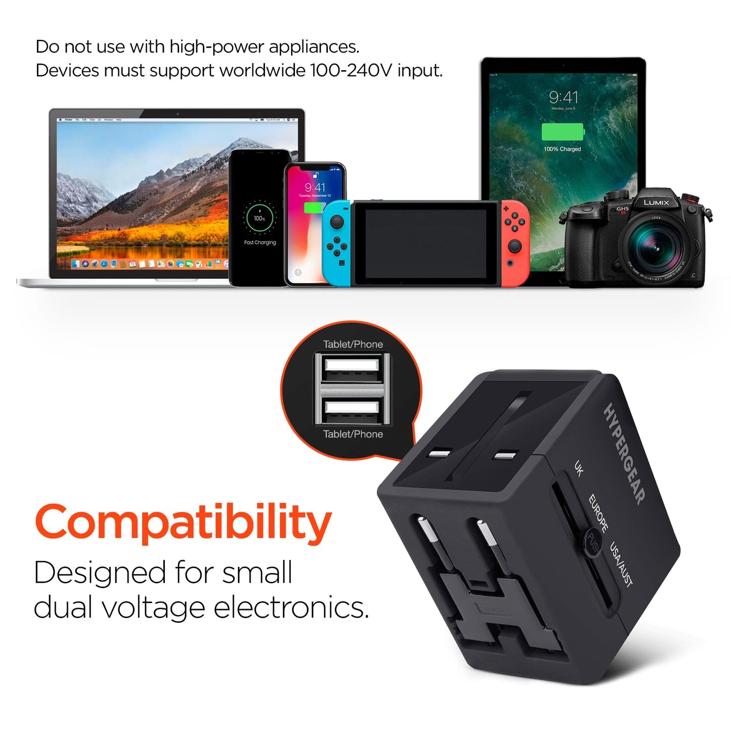 Hypergear All-in-One World Travel Adapter - Fits US, AUS, EU, and UK plug configurations - Black