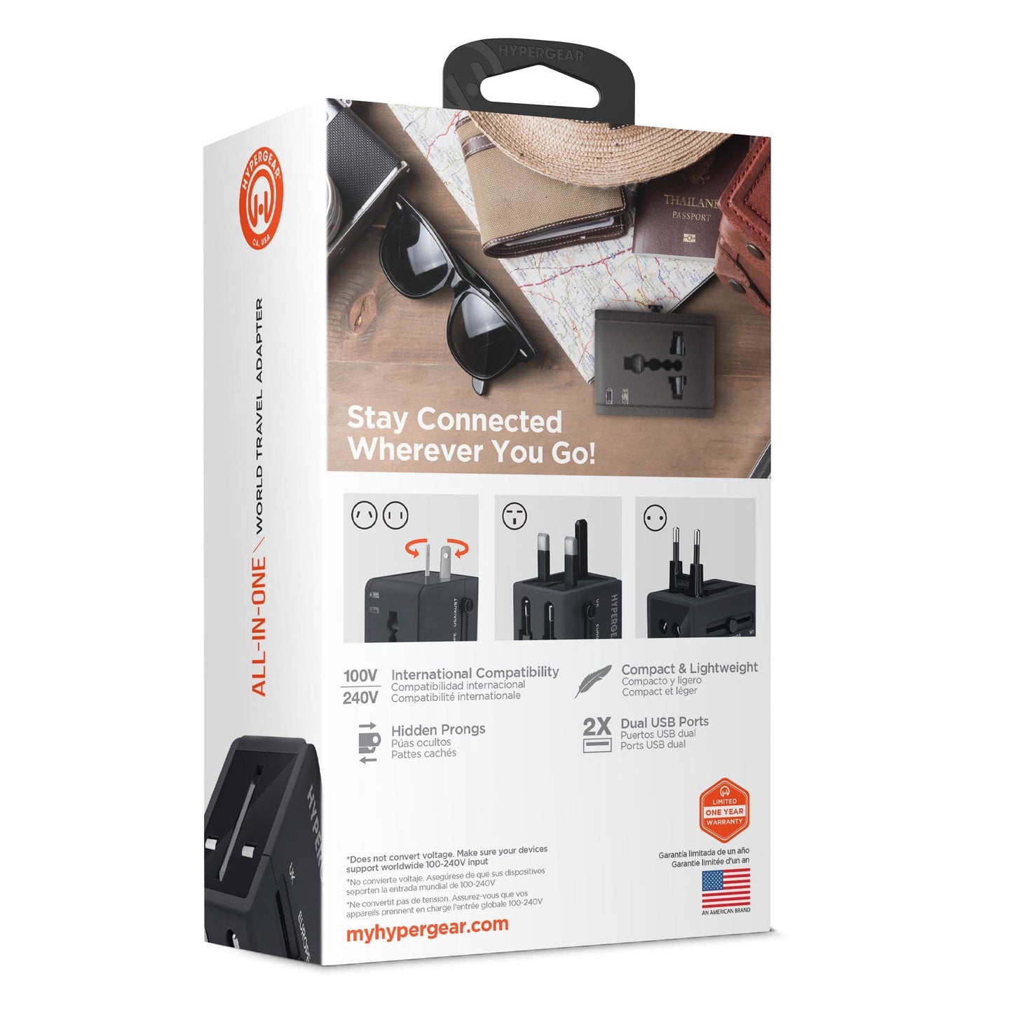 Hypergear All-in-One World Travel Adapter - Fits US, AUS, EU, and UK plug configurations - Black