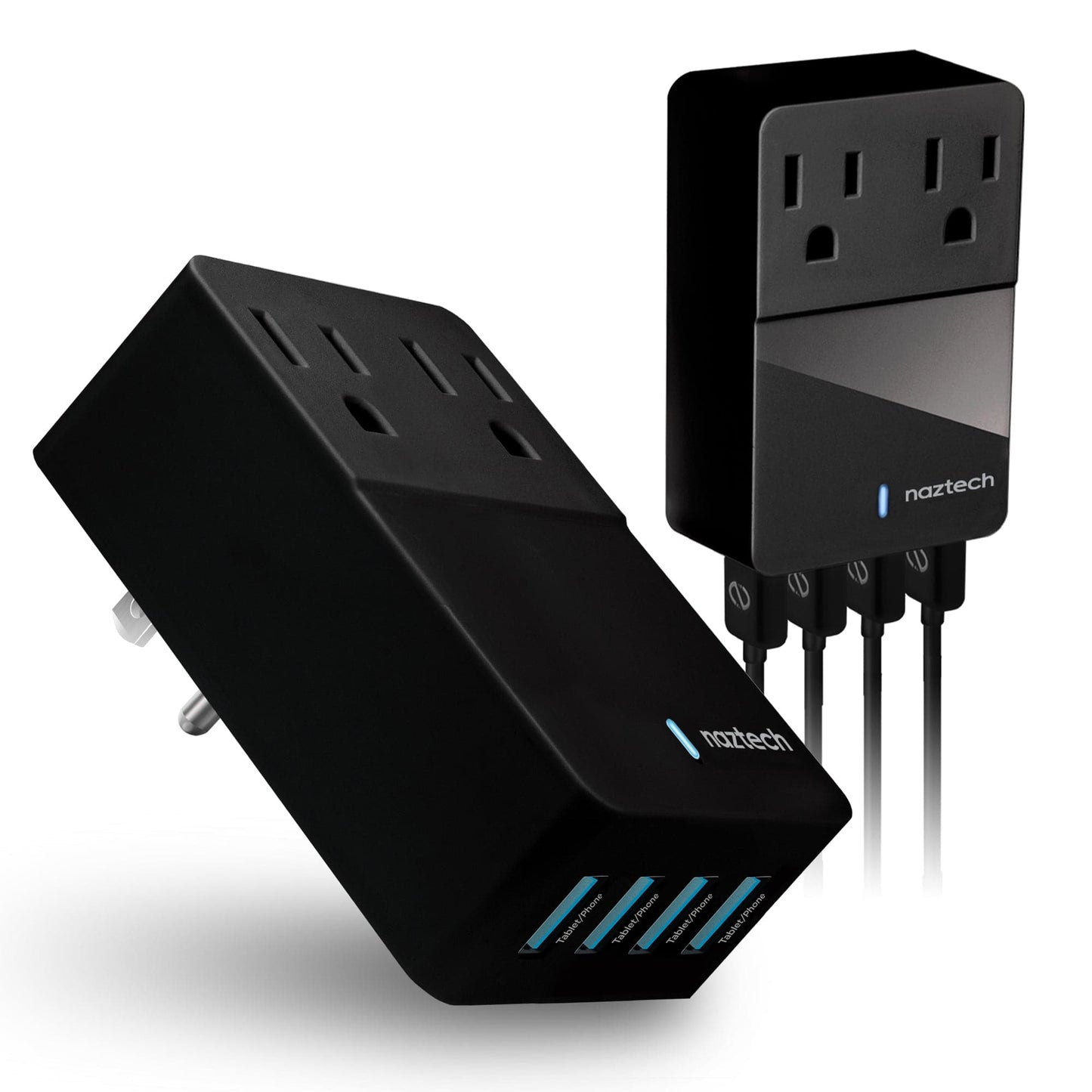Naztech Fast 48W Multi-Device USB Charger with Dual AC outlet extension & 4 USB ports - Color Options