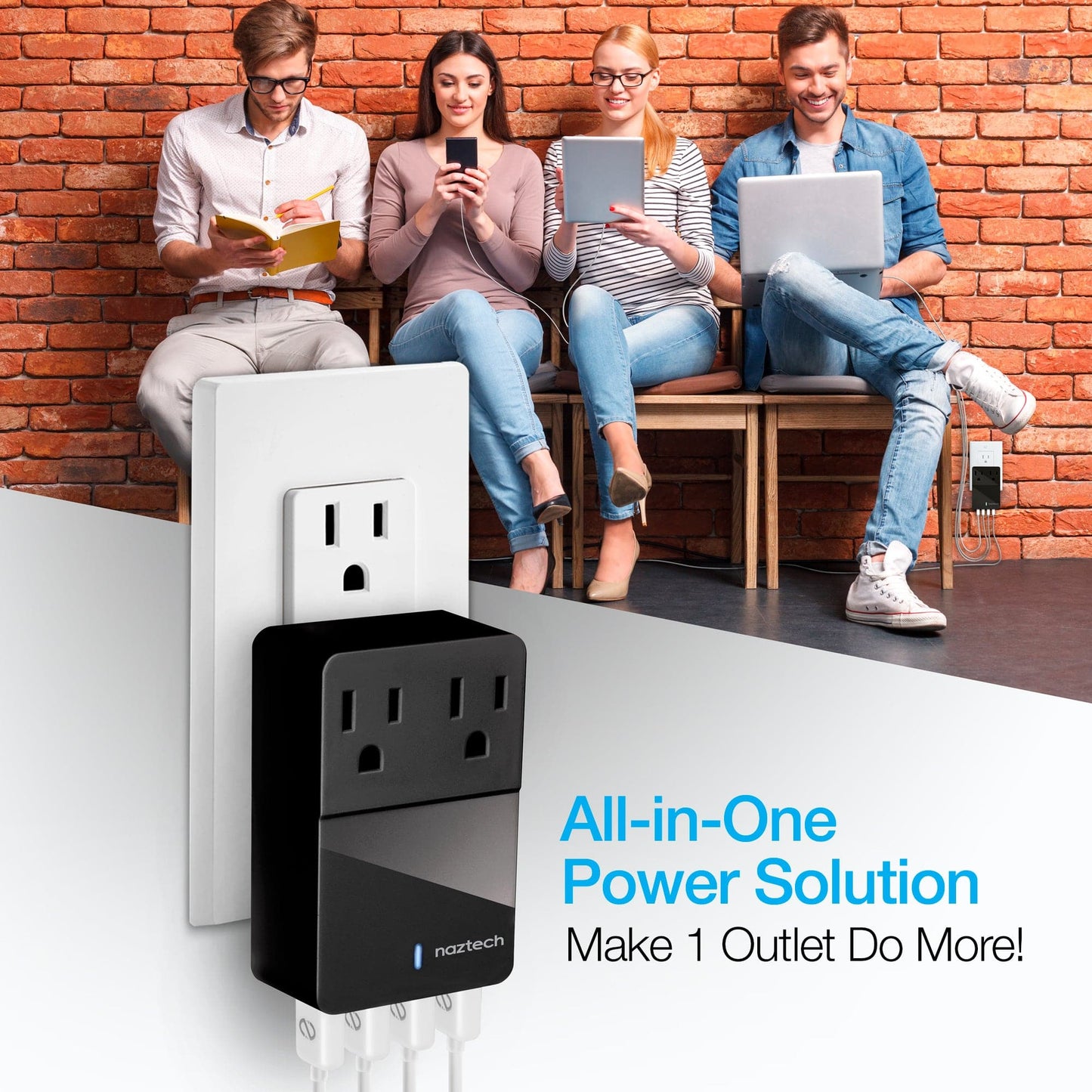 Naztech Fast 48W Multi-Device USB Charger with Dual AC outlet extension & 4 USB ports - Color Options