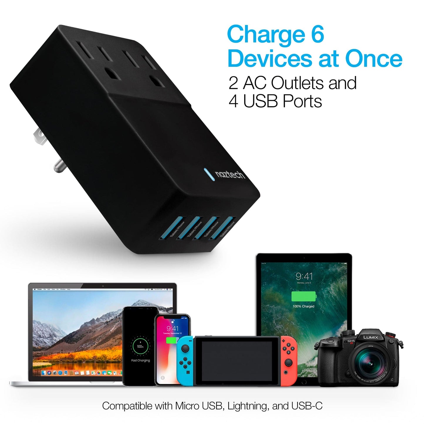 Naztech Fast 48W Multi-Device USB Charger with Dual AC outlet extension & 4 USB ports - Color Options