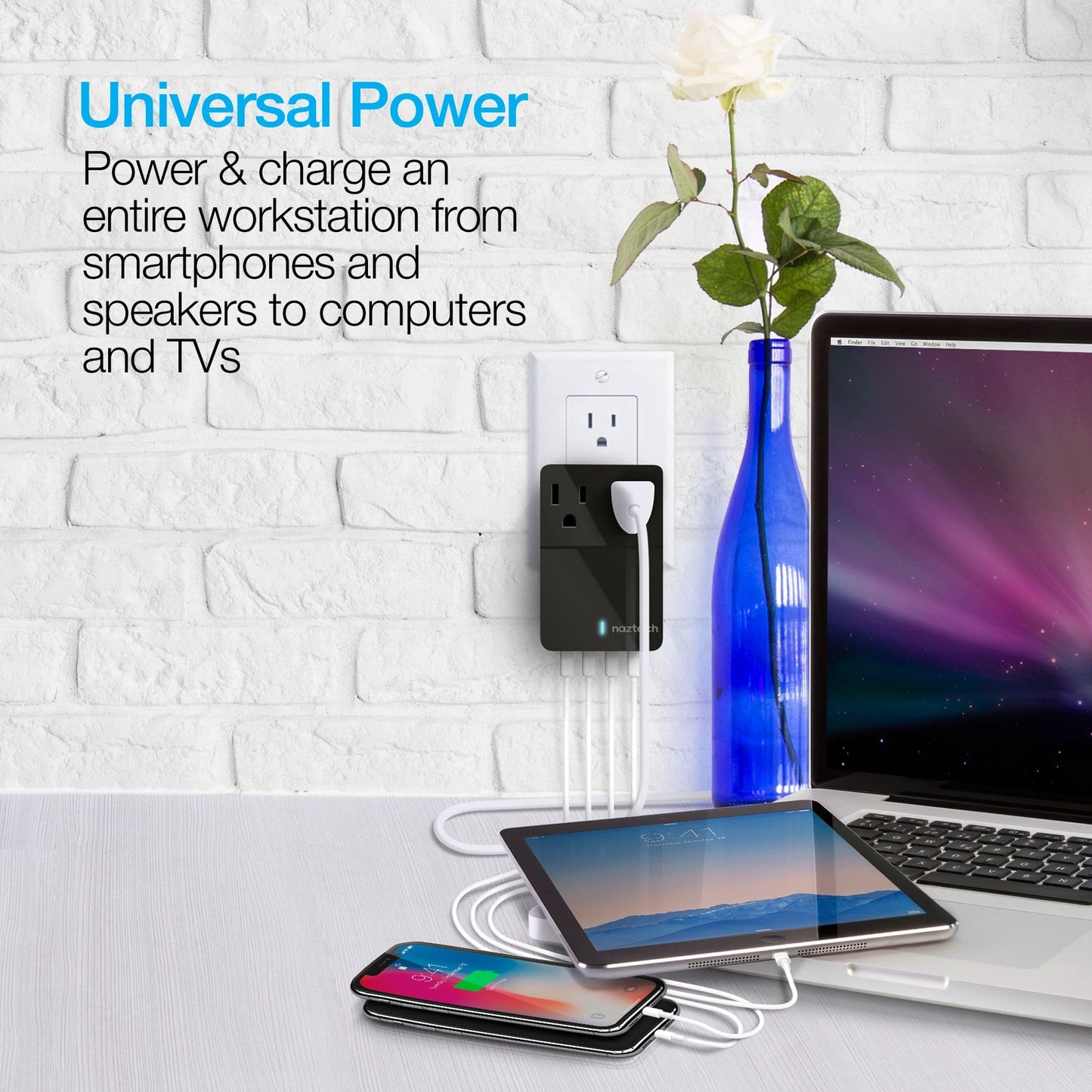 Naztech Fast 48W Multi-Device USB Charger with Dual AC outlet extension & 4 USB ports - Color Options