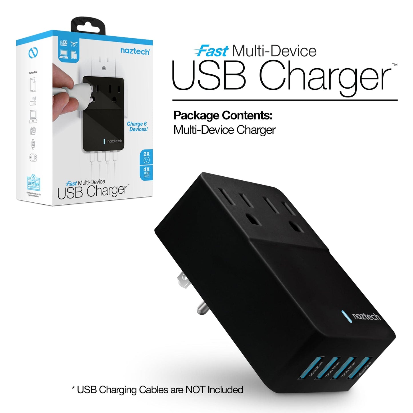 Naztech Fast 48W Multi-Device USB Charger with Dual AC outlet extension & 4 USB ports - Color Options