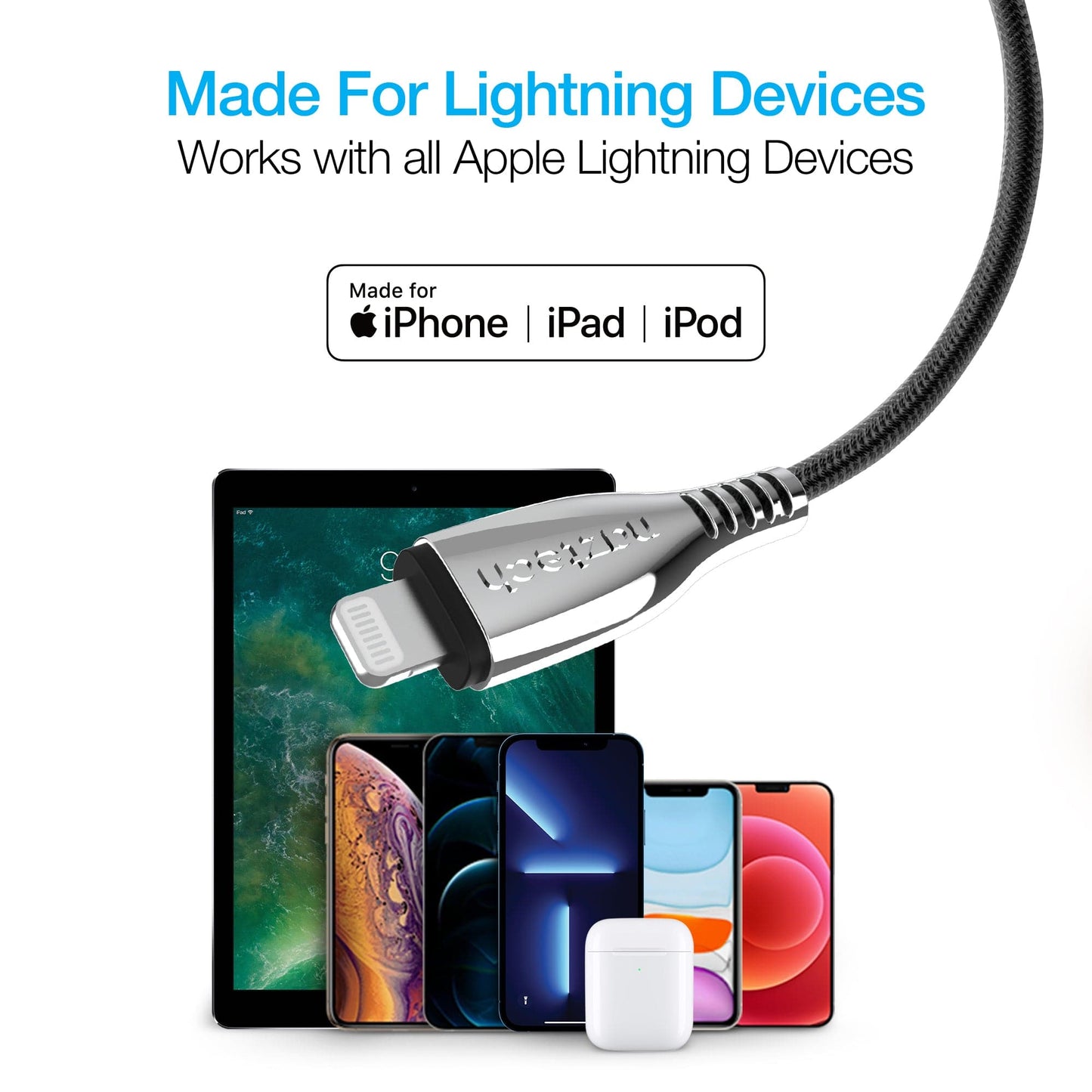 Naztech TITANIUM USB to Lightning Braided Cable - 6ft - Color Options