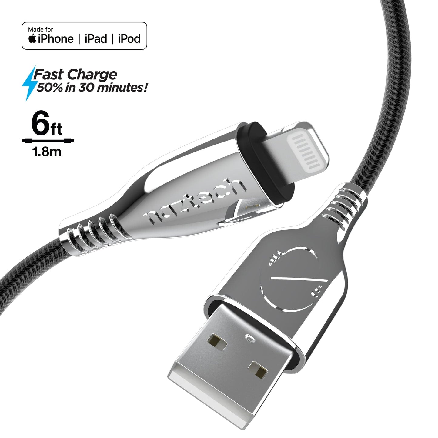 Naztech TITANIUM USB to Lightning Braided Cable - 6ft - Color Options