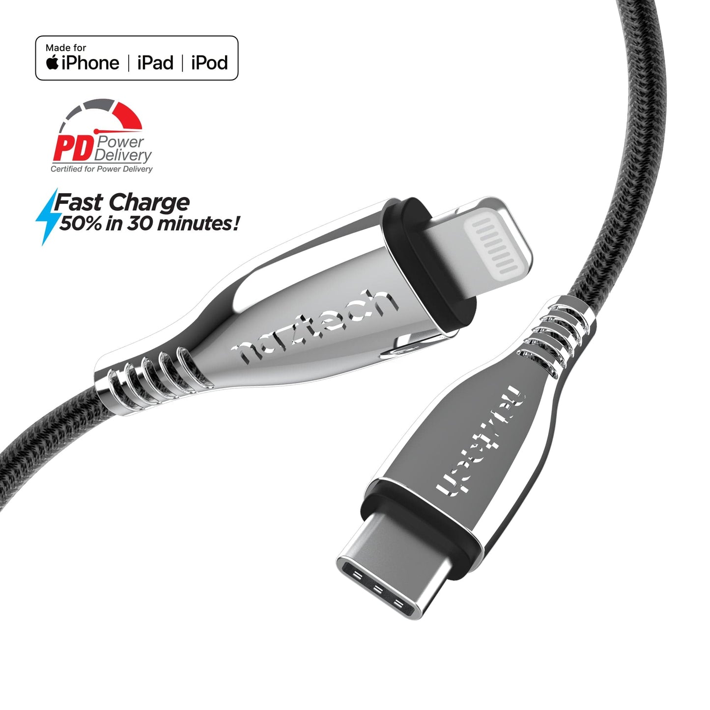 Naztech TITANIUM USB-C to MFi Lightning Braided Fast Charge Cable - 6ft - Color Options