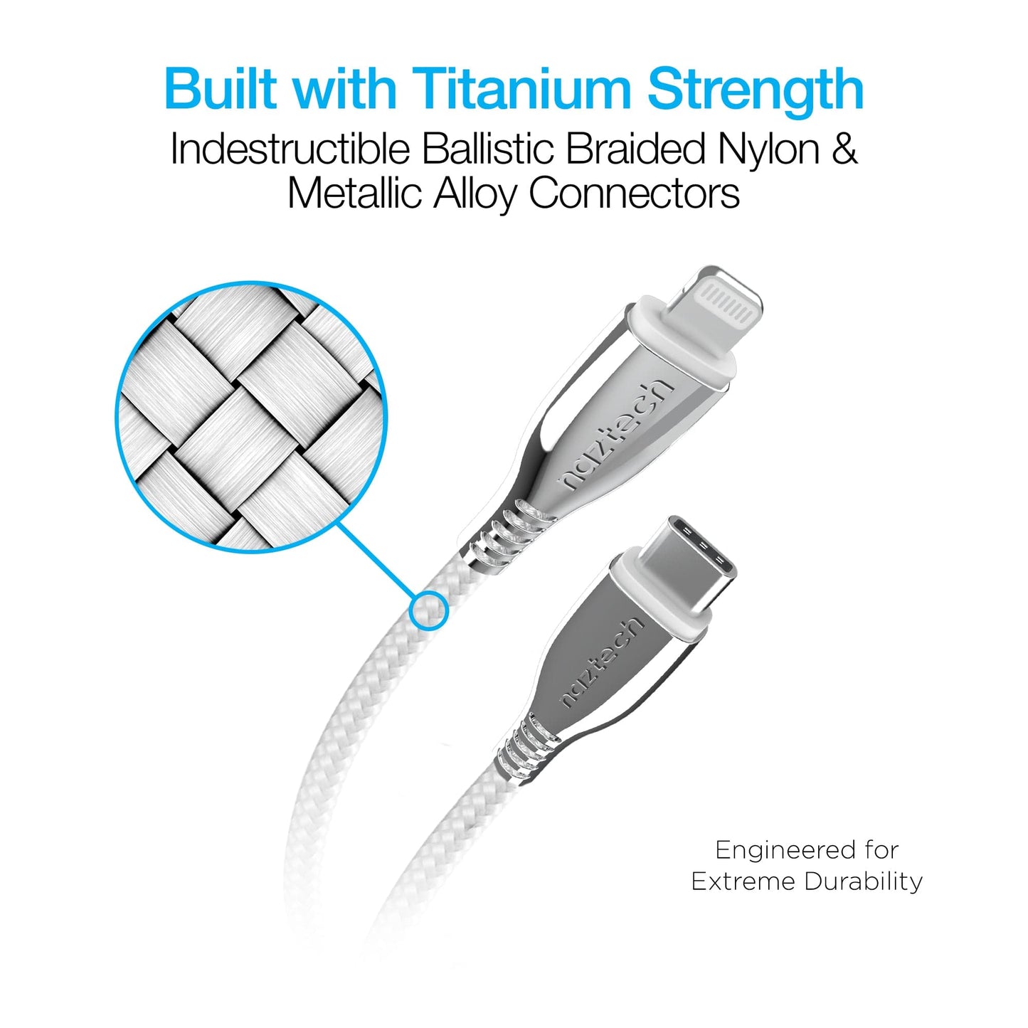 Naztech TITANIUM USB-C to MFi Lightning Braided Fast Charge Cable - 6ft - Color Options