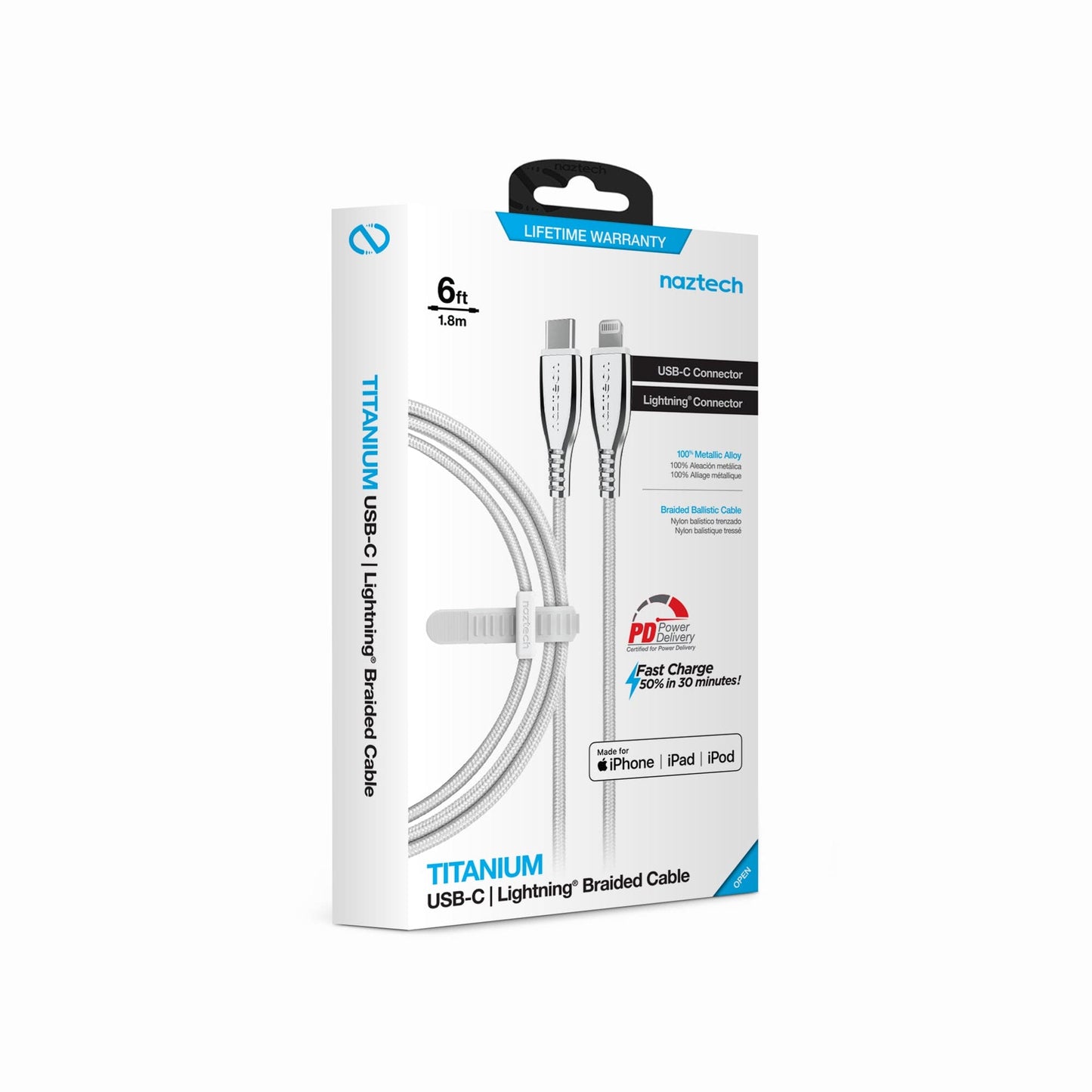 Naztech TITANIUM USB-C to MFi Lightning Braided Fast Charge Cable - 6ft - Color Options