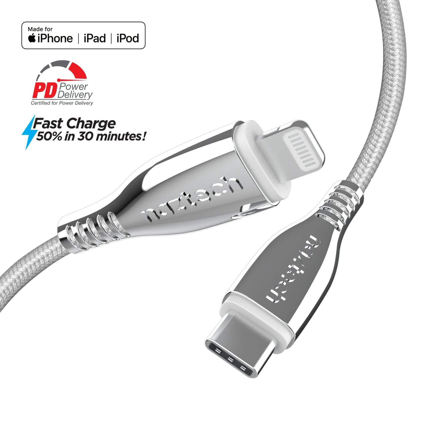 Naztech TITANIUM USB-C to MFi Lightning Braided Fast Charge Cable - 6ft - Color Options