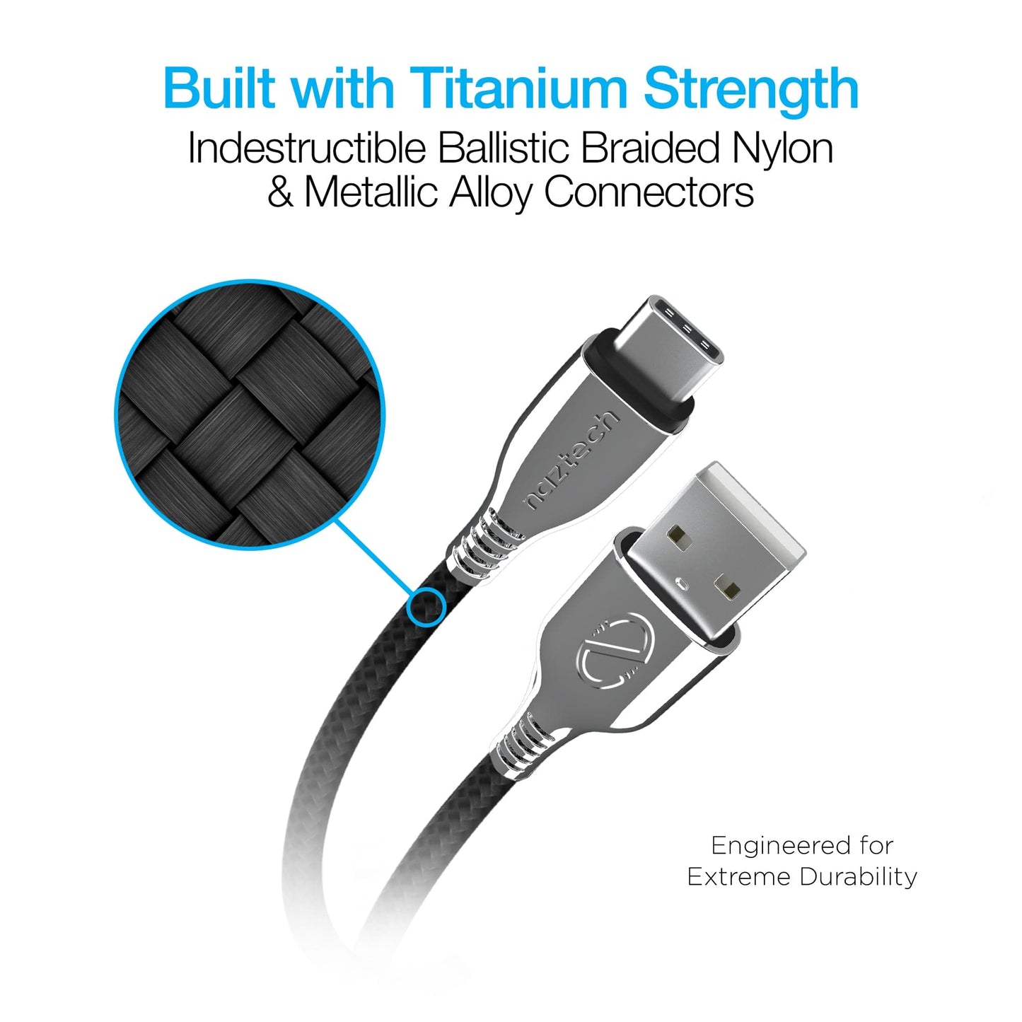 Naztech TITANIUM USB to USB-C Braided Fast Charge Cable - 6ft - Color Options