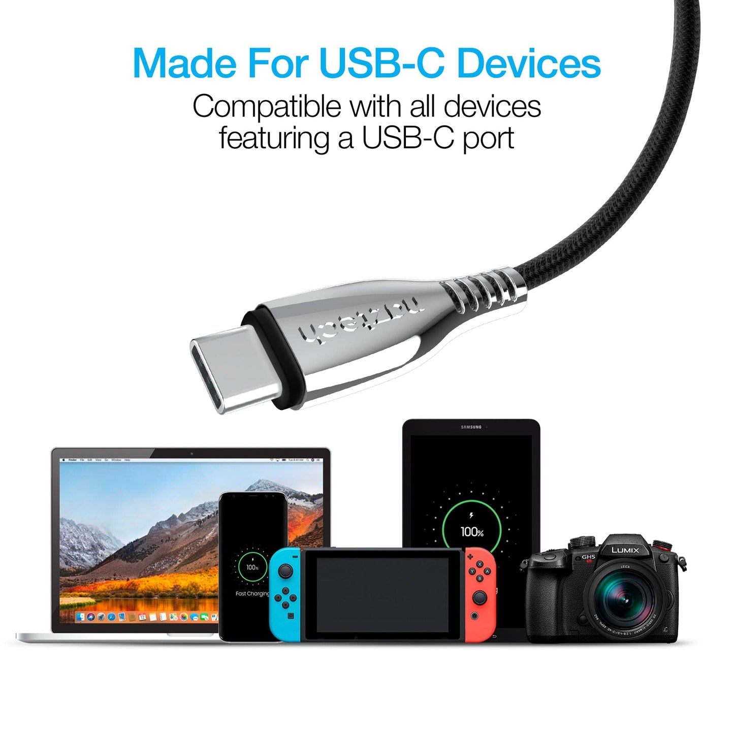 Naztech TITANIUM USB to USB-C Braided Fast Charge Cable - 6ft - Color Options