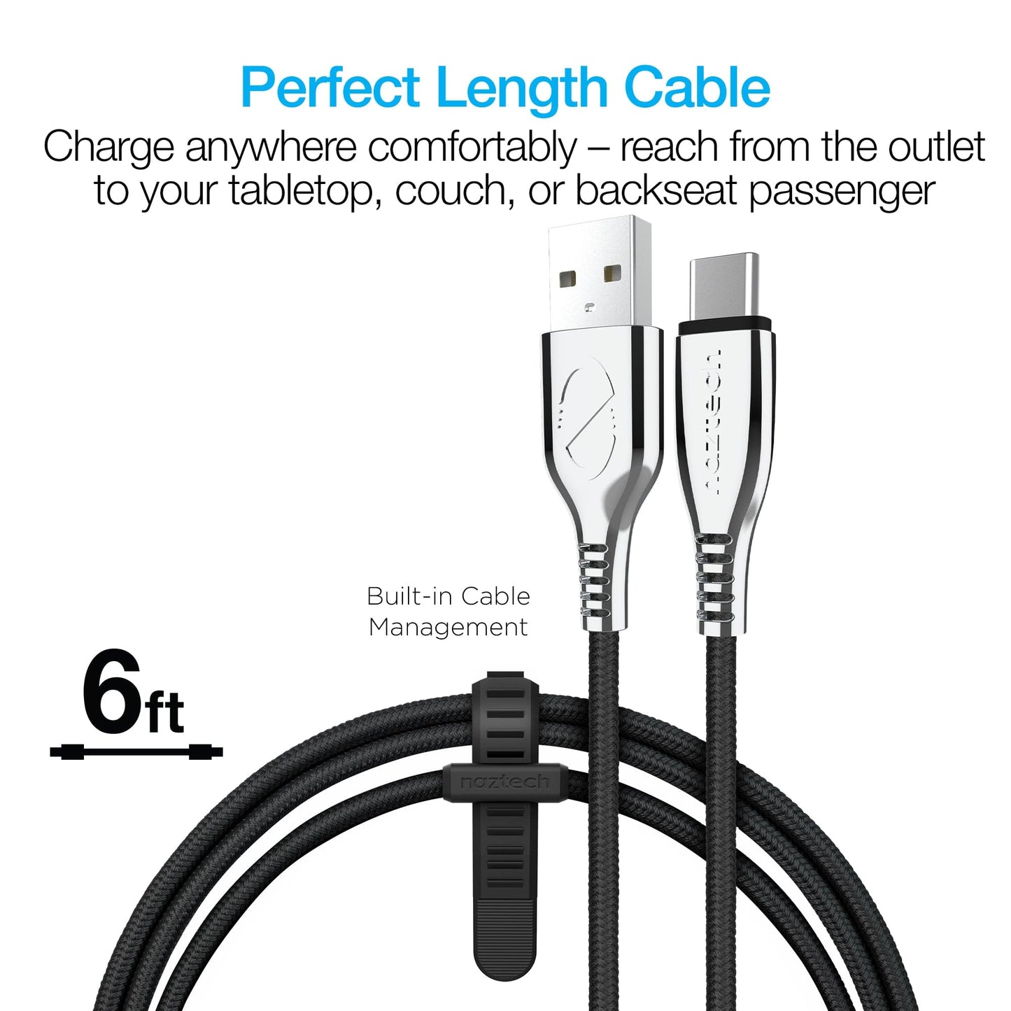Naztech TITANIUM USB to USB-C Braided Fast Charge Cable - 6ft - Color Options
