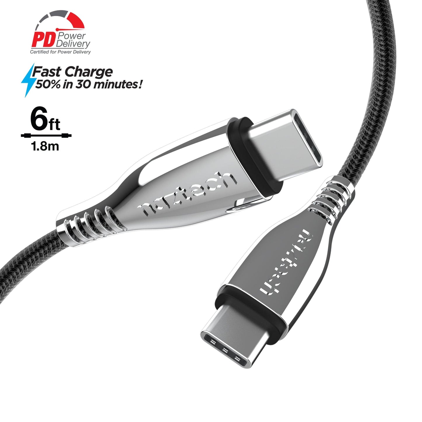 Naztech TITANIUM USB-C to USB-C Braided Fast Charge Cable - 6ft - Color Options