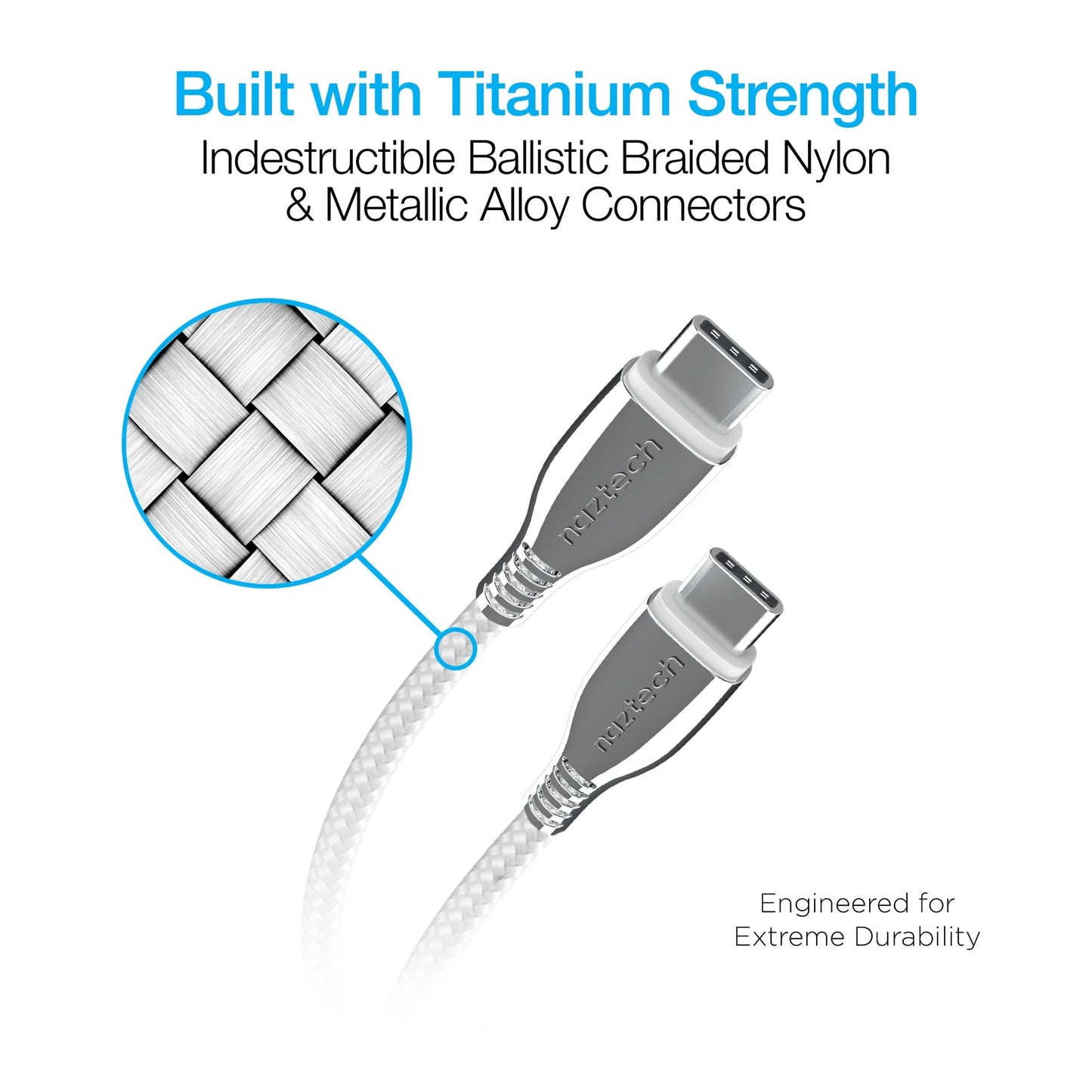 Naztech TITANIUM USB-C to USB-C Braided Fast Charge Cable - 6ft - Color Options