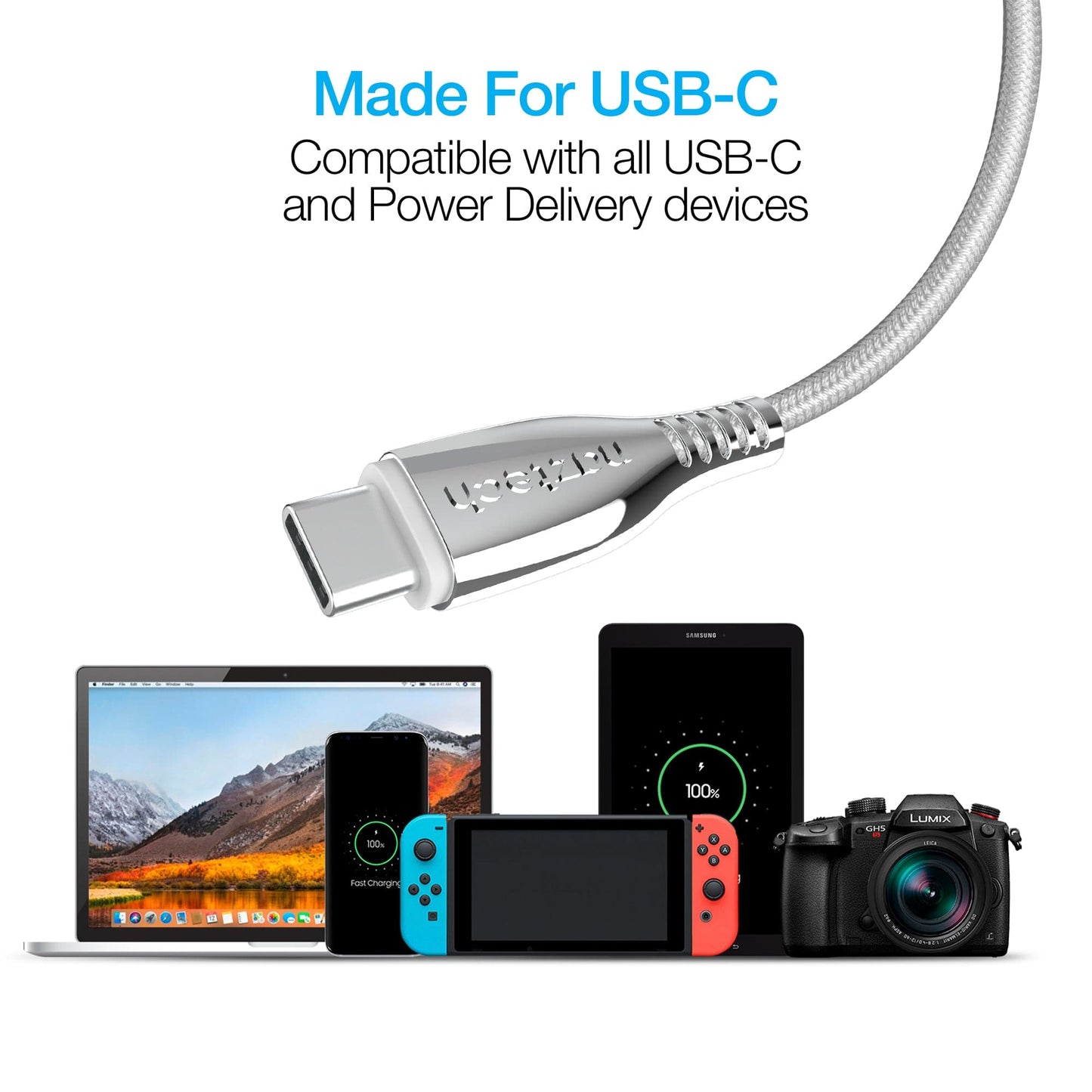 Naztech TITANIUM USB-C to USB-C Braided Fast Charge Cable - 6ft - Color Options