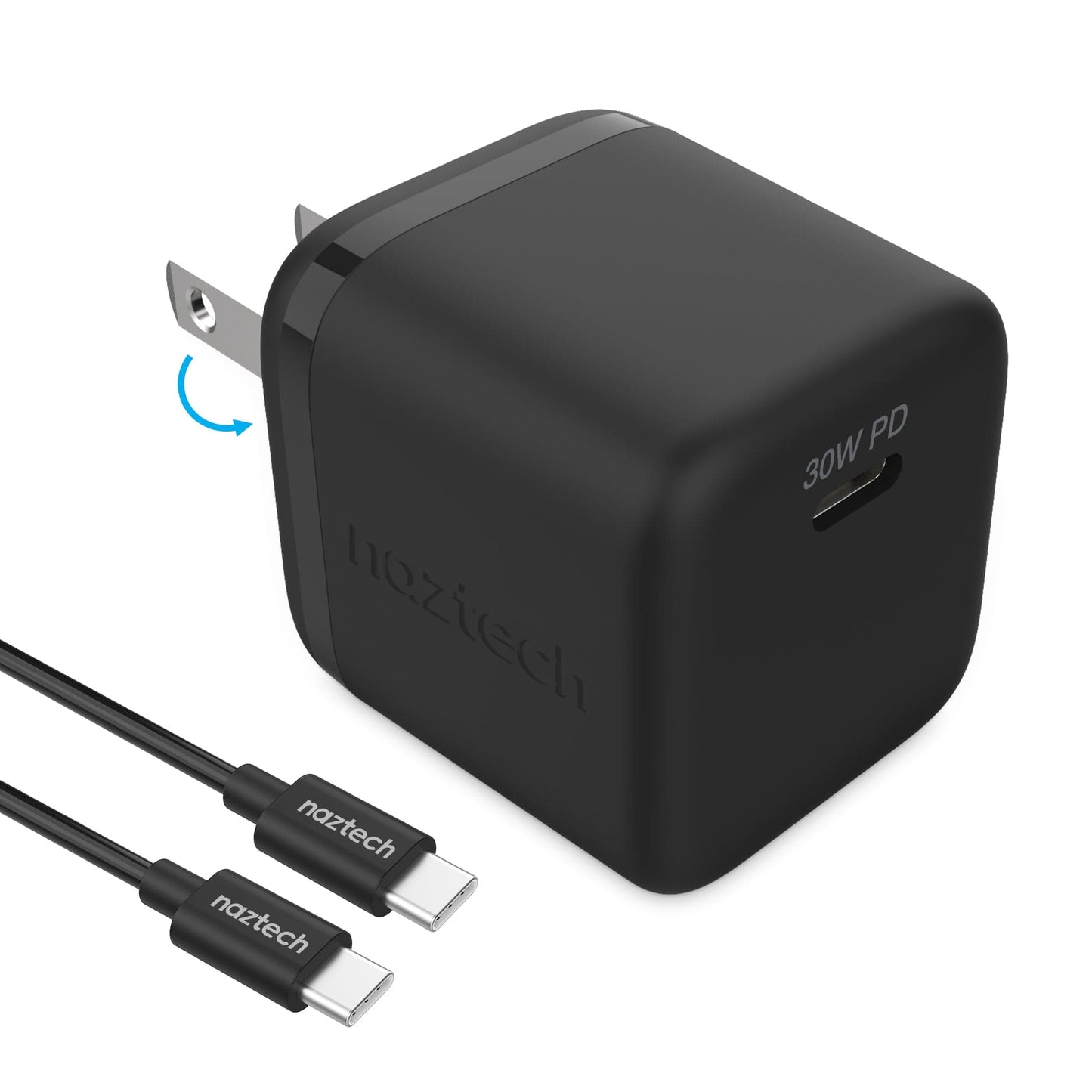 Naztech 30W USB-C PD Fast Wall Charger - 6ft USB-C Cable - Black