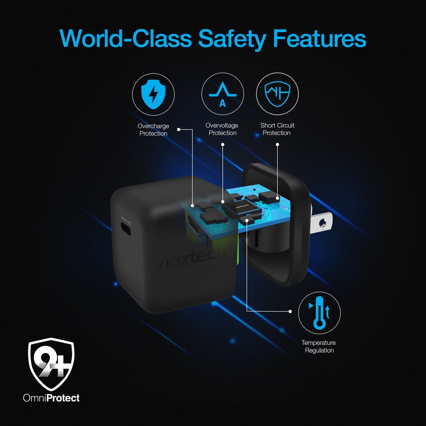 Naztech 30W USB-C PD Fast Wall Charger - 6ft USB-C Cable - Black