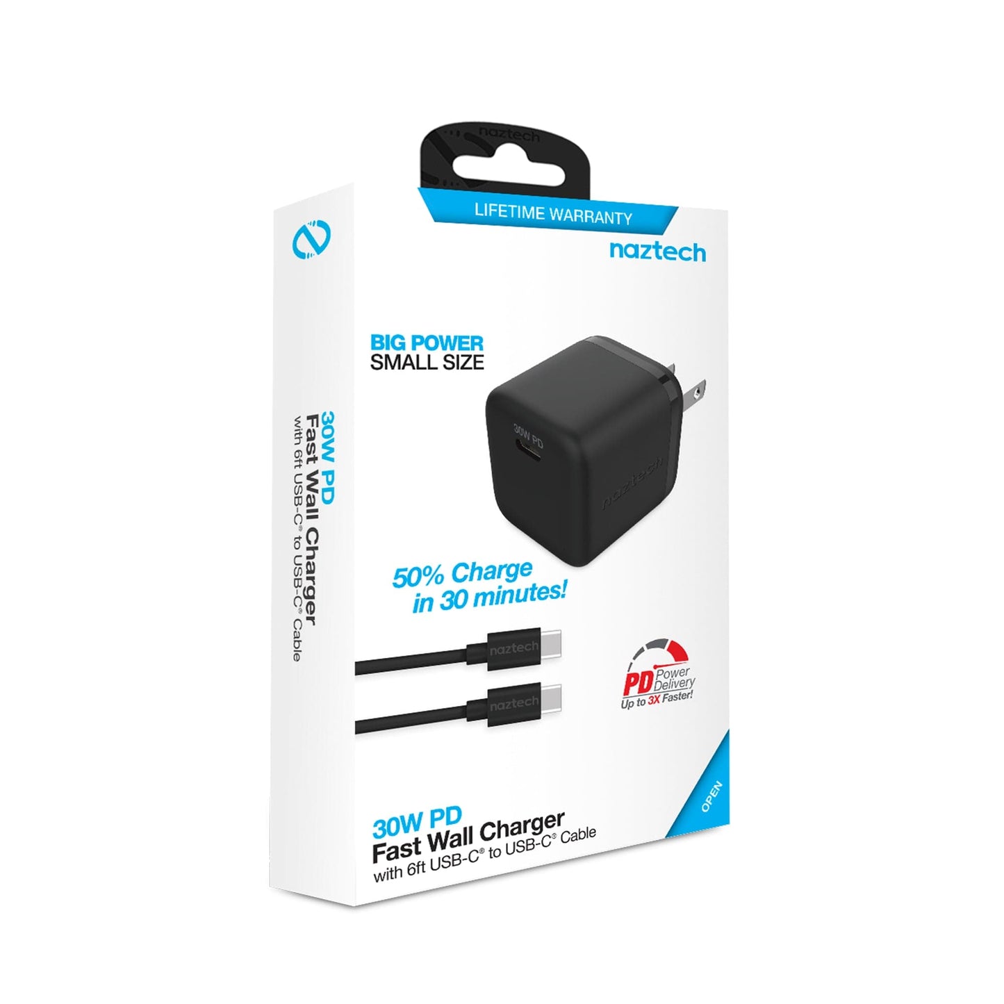 Naztech 30W USB-C PD Fast Wall Charger - 6ft USB-C Cable - Black