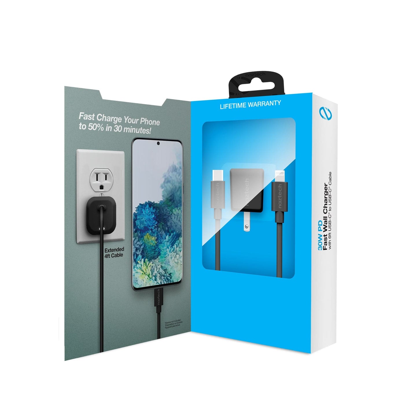 Naztech 30W USB-C PD Fast Wall Charger - 6ft USB-C Cable - Black