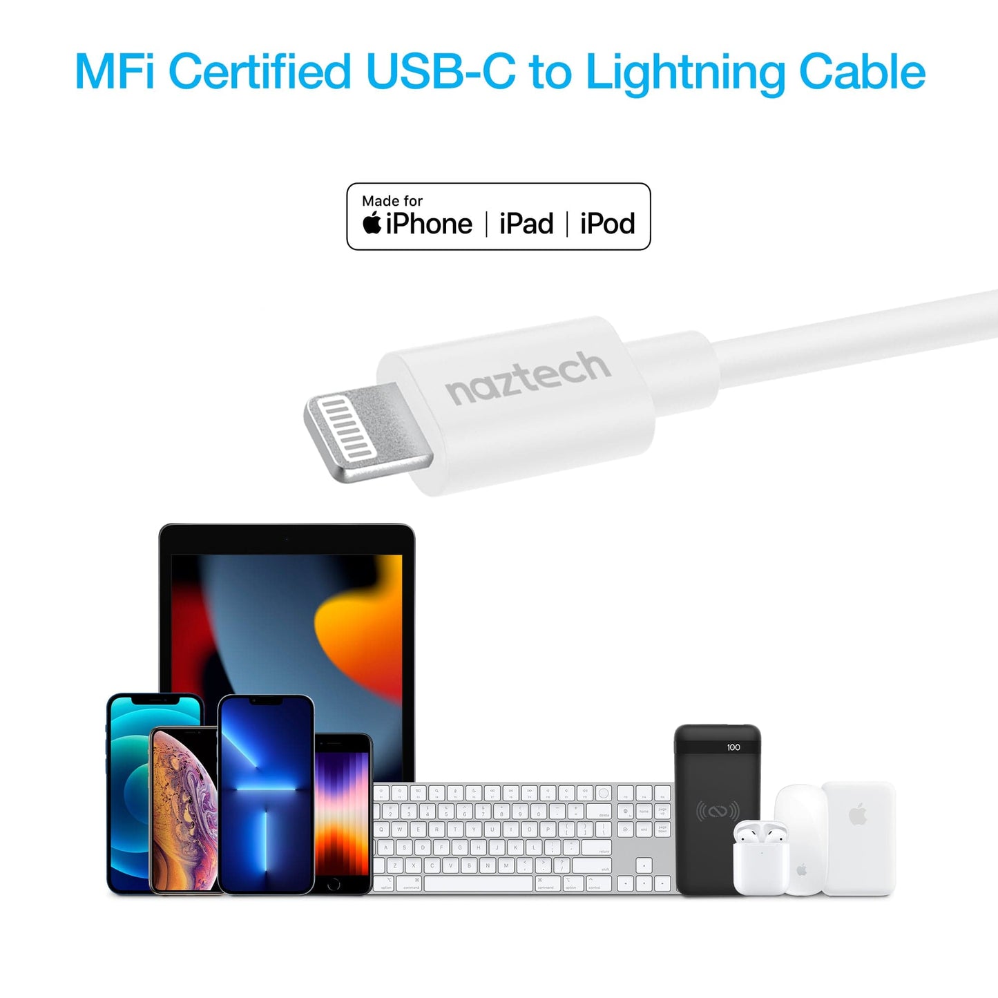 Naztech 30W USB-C PD Fast Wall Charger - 6ft MFi Lightning Cable - White