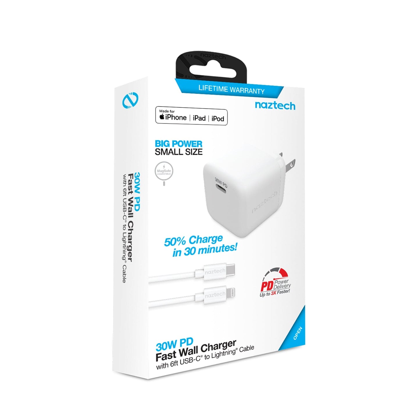 Naztech 30W USB-C PD Fast Wall Charger - 6ft MFi Lightning Cable - White