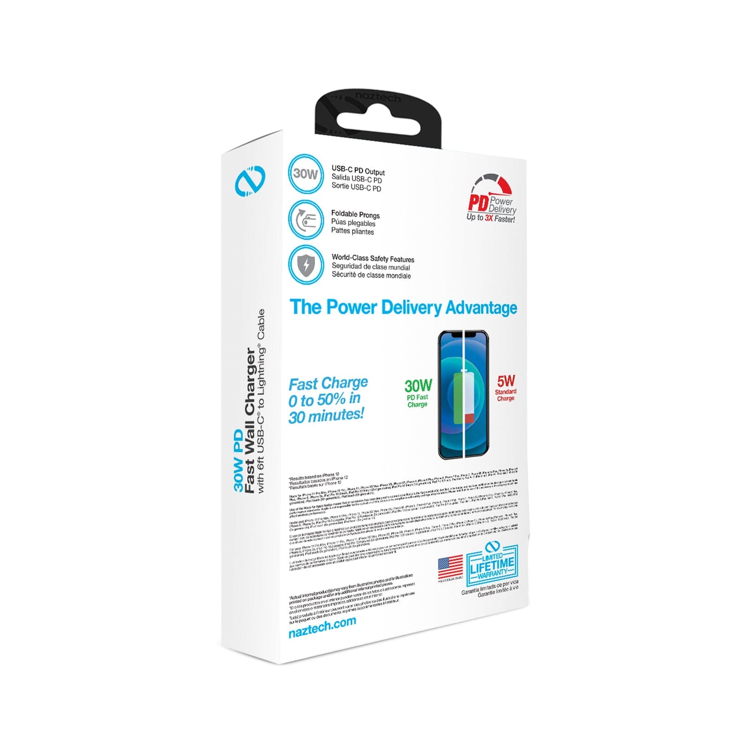 Naztech 30W USB-C PD Fast Wall Charger - 6ft MFi Lightning Cable - White