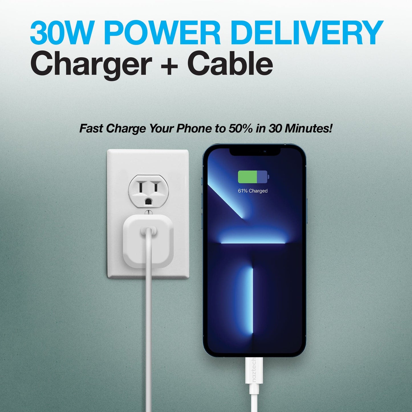 Naztech 30W USB-C PD Fast Wall Charger - 6ft MFi Lightning Cable - White