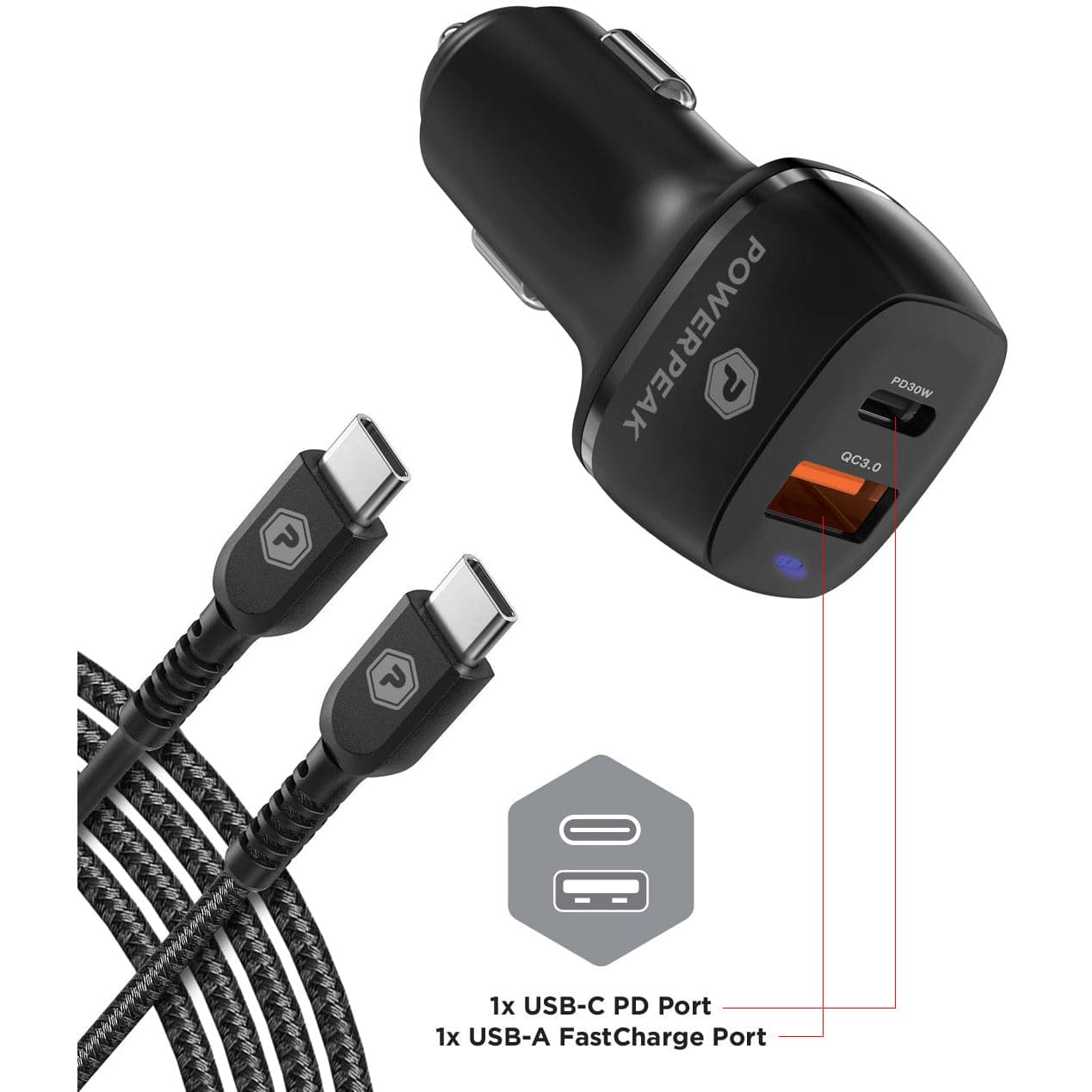 Powerpeak 30W USB & USB-C Dual Port / USB-C to C Cable Fast Charge Car Charger Kit - Black