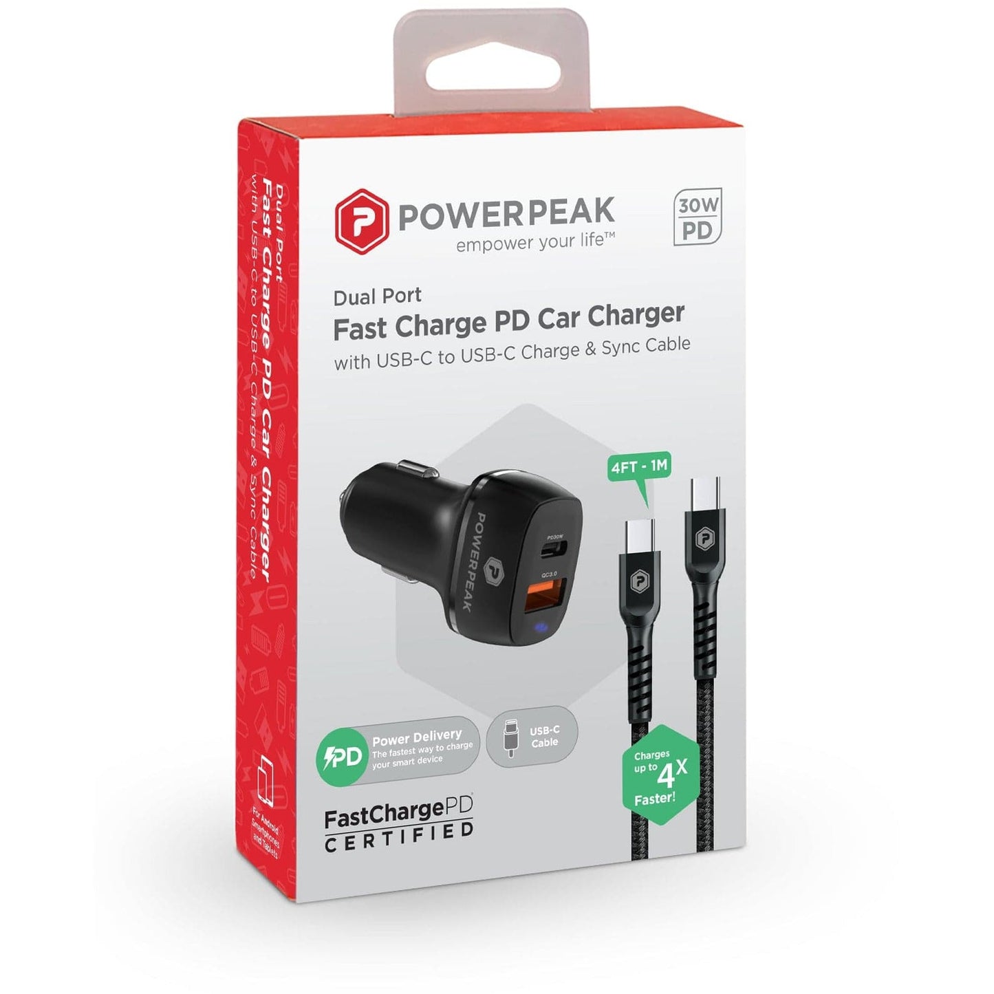 Powerpeak 30W USB & USB-C Dual Port / USB-C to C Cable Fast Charge Car Charger Kit - Black