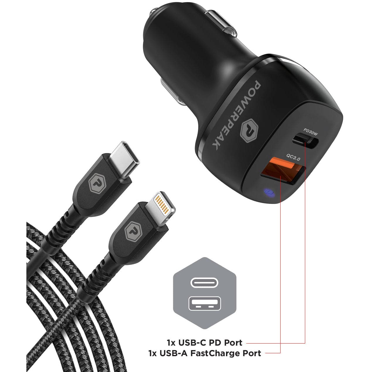 Powerpeak 30W USB & USB-C Dual Port / USB-C to Lightning Cable Fast Charge Car Charger Kit - Black