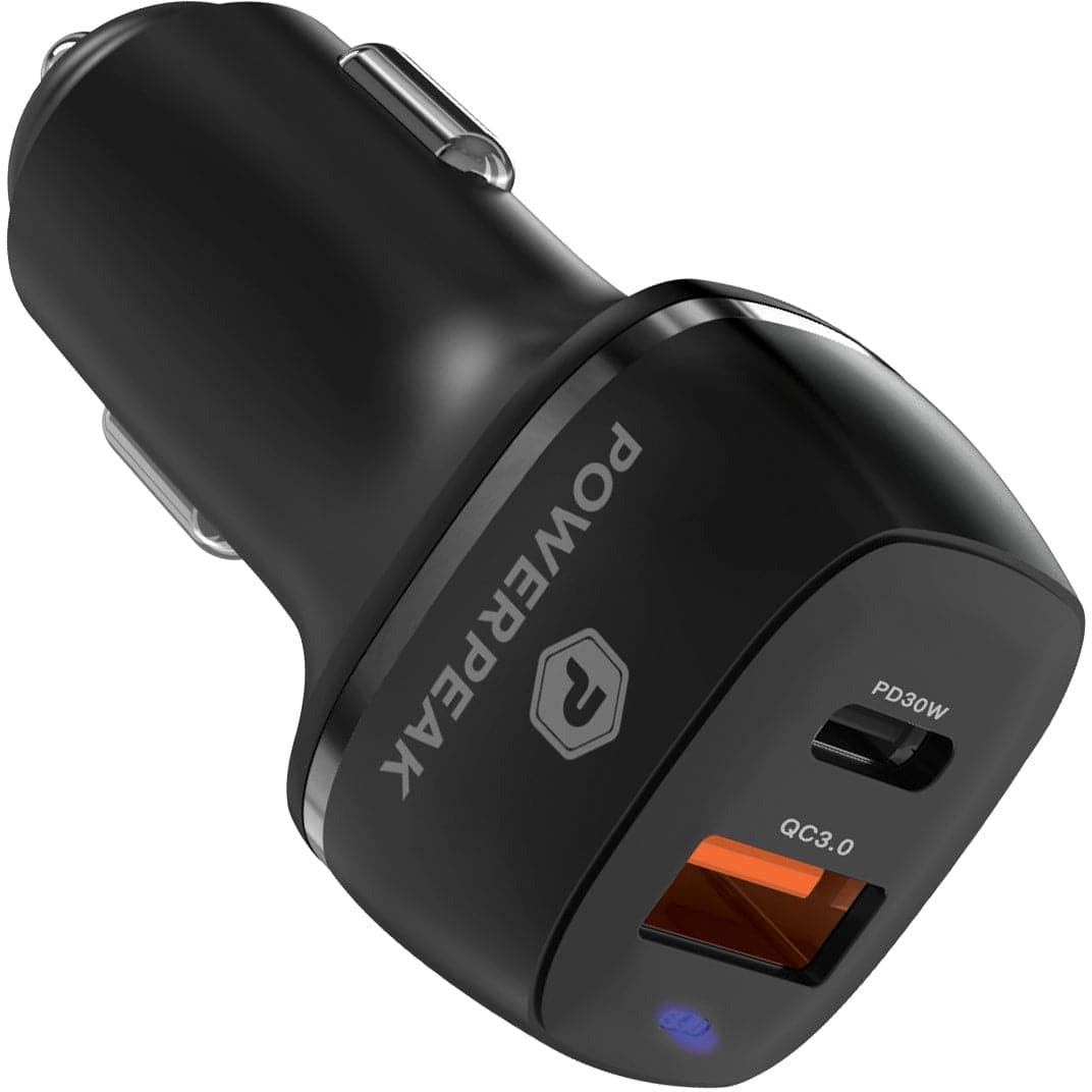 Powerpeak 30W USB & USB-C Dual Port / USB-C to Lightning Cable Fast Charge Car Charger Kit - Black