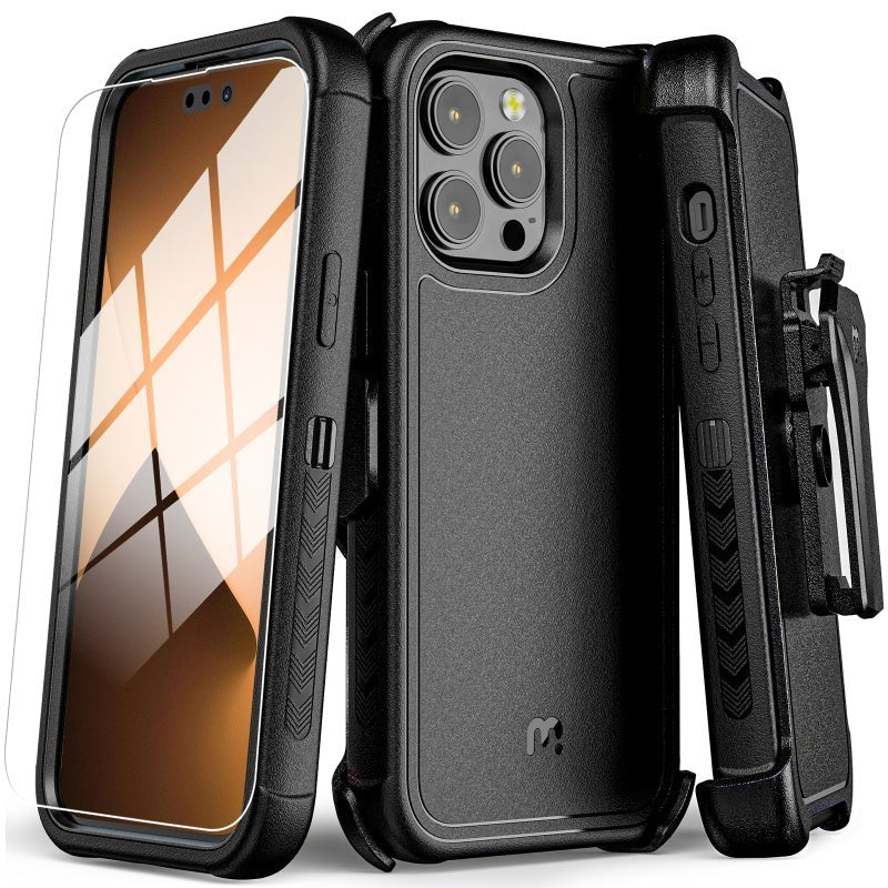 MyBat Pro Antimicrobial Maverick Series Case with Holster and Tempered Glass for Apple iPhone 14 Pro (6.1)