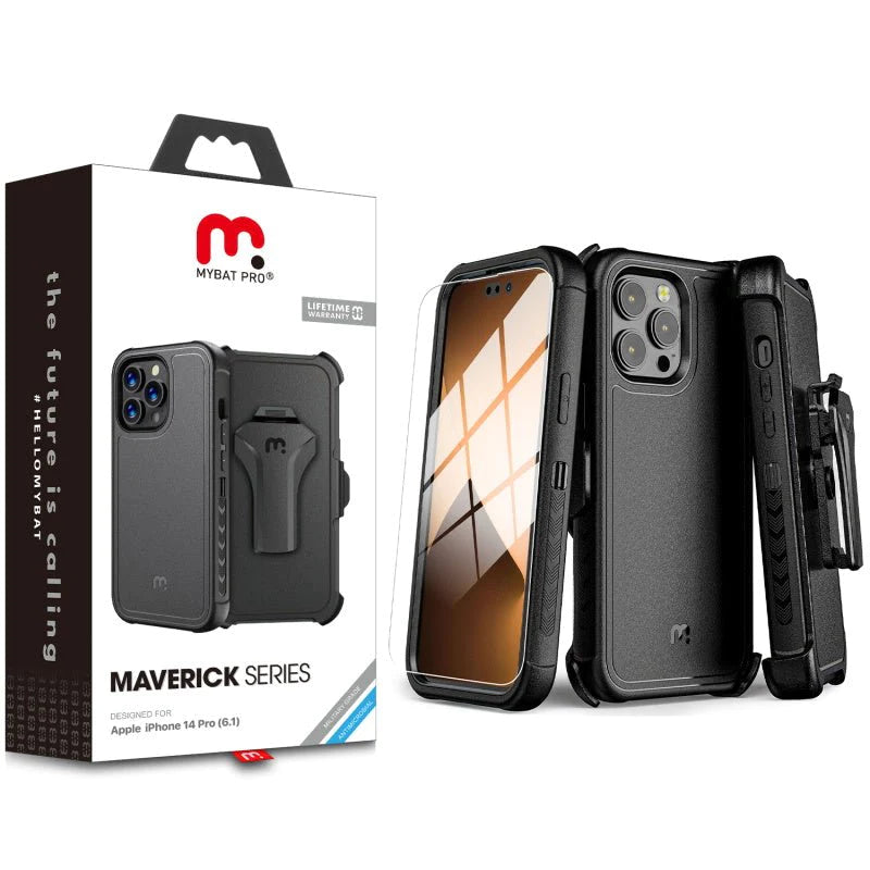 MyBat Pro Antimicrobial Maverick Series Case with Holster and Tempered Glass for Apple iPhone 14 Pro (6.1)