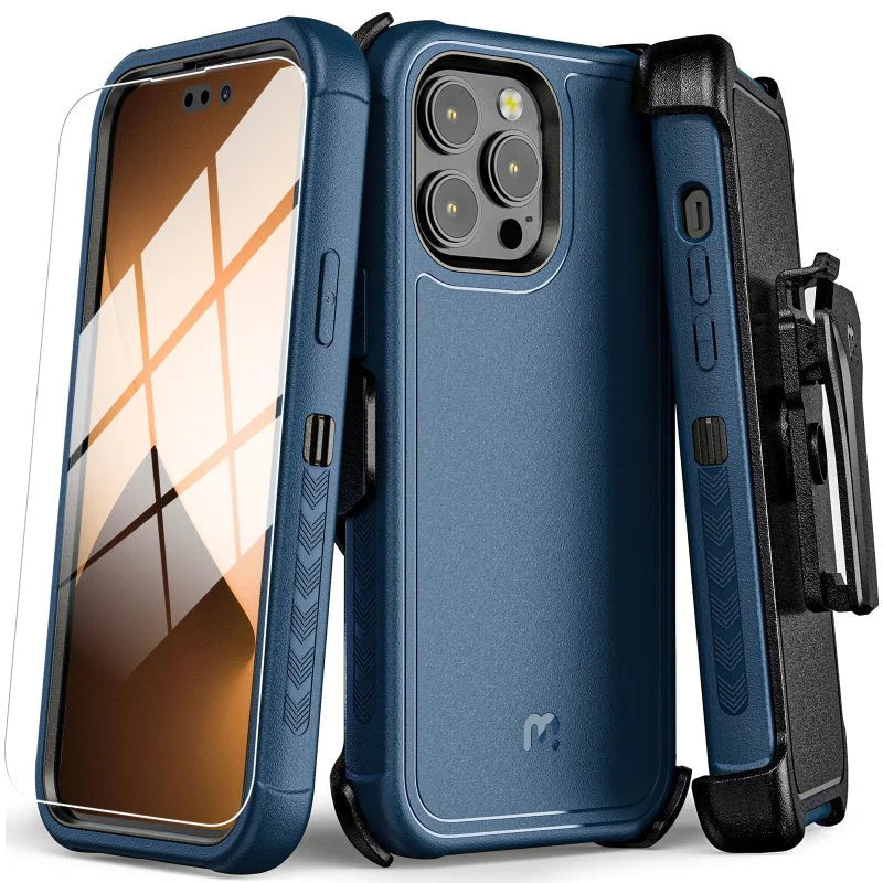 MyBat Pro Antimicrobial Maverick Series Case with Holster and Tempered Glass for Apple iPhone 14 Pro (6.1)