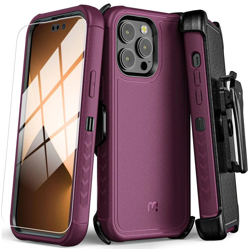 MyBat Pro Antimicrobial Maverick Series Case with Holster and Tempered Glass for Apple iPhone 14 Pro (6.1)