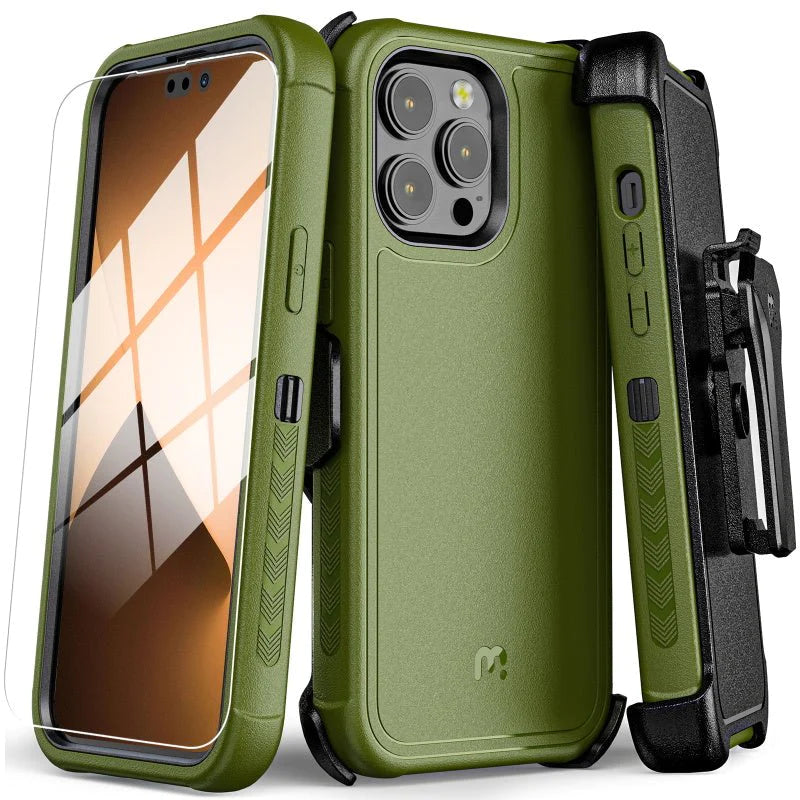 MyBat Pro Antimicrobial Maverick Series Case with Holster and Tempered Glass for Apple iPhone 14 Pro (6.1)