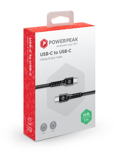 PowerPeak Braided Nylon USB-C to USB-C Charge & Sync Cable - 10 Ft - Black