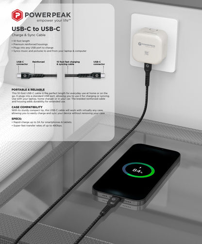 PowerPeak Braided Nylon USB-C to USB-C Charge & Sync Cable - 10 Ft - Black