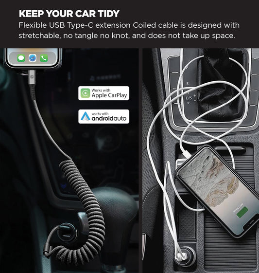 Powerpeak USB-A to USB-C Coiled Sync & Power Cable - 4 FT - Grey (Apple Car Play & Android Auto)