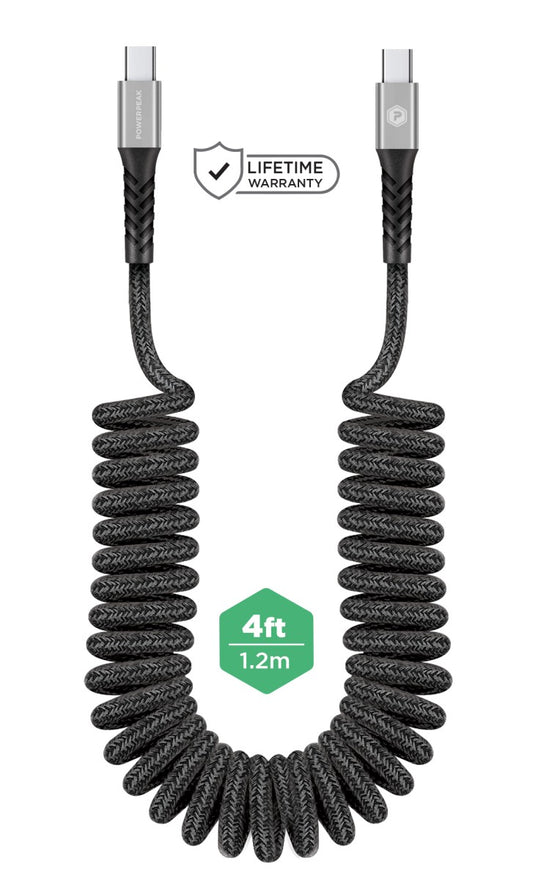 Powerpeak USB-C to USB-C Coiled Sync & Power Cable - 4 FT - Grey (Apple Car Play & Android Auto) (Copy)