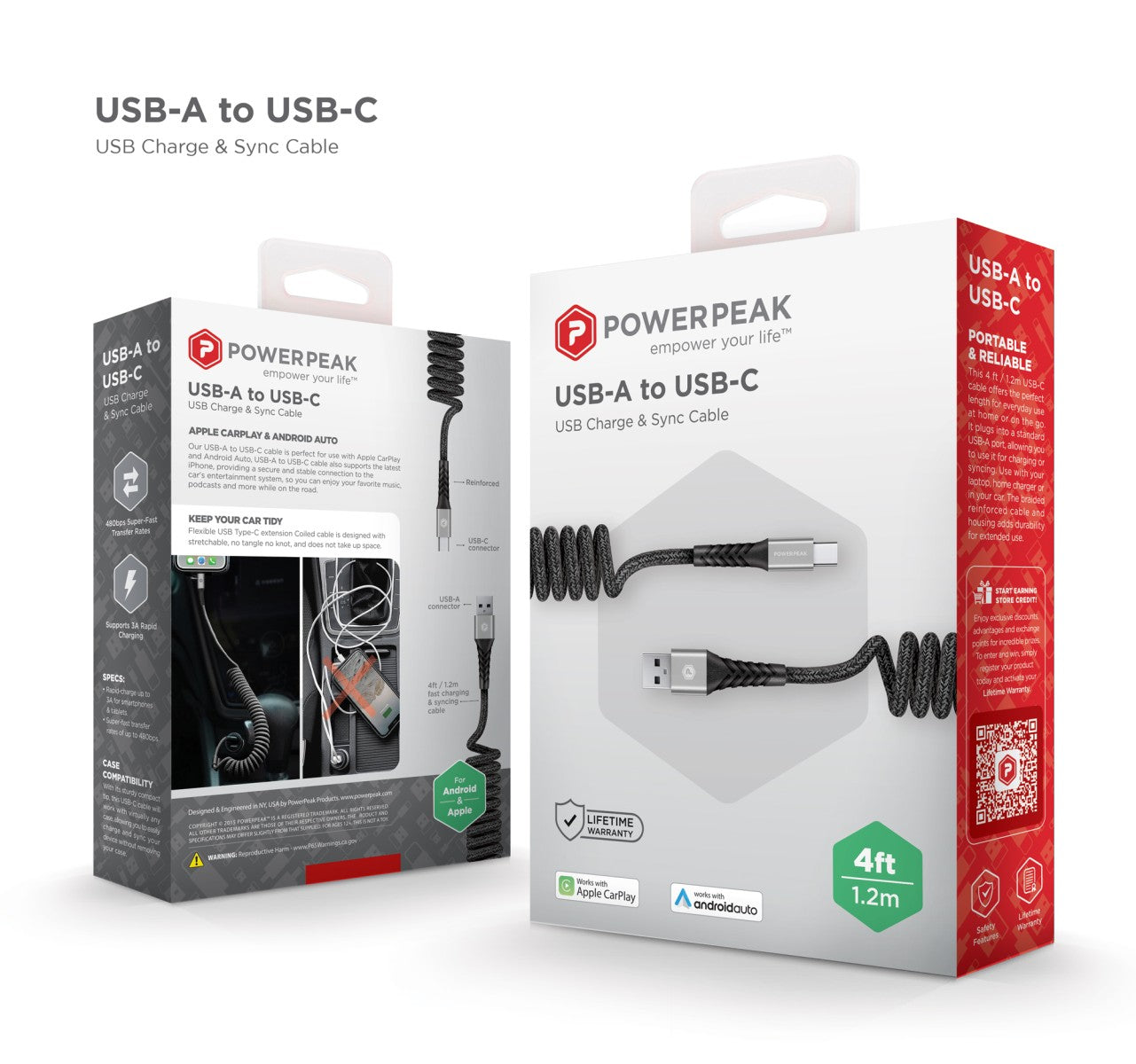 Powerpeak USB-C to USB-C Coiled Sync & Power Cable - 4 FT - Grey (Apple Car Play & Android Auto) (Copy)