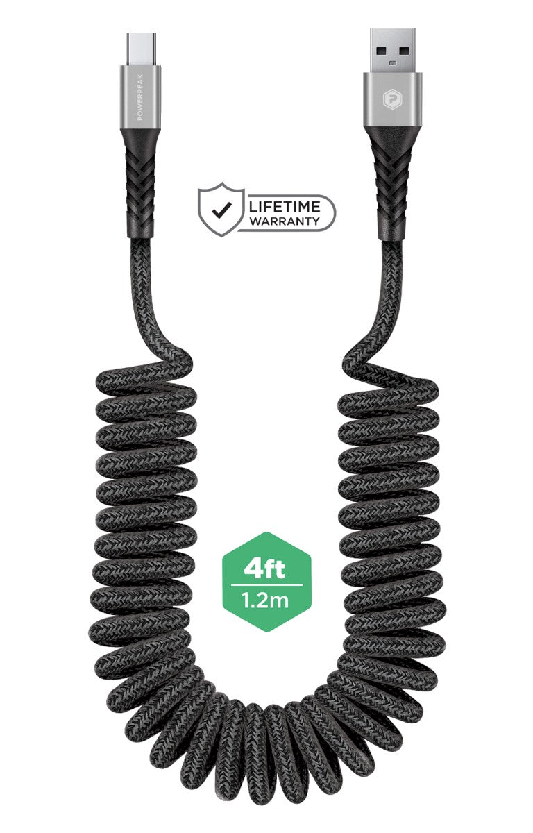 Powerpeak USB-A to USB-C Coiled Sync & Power Cable - 4 FT - Grey (Apple Car Play & Android Auto)