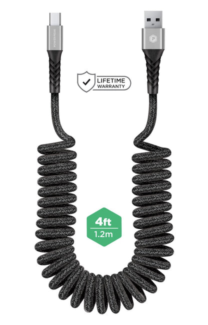 Powerpeak USB-A to USB-C Coiled Sync & Power Cable - 4 FT - Grey (Apple Car Play & Android Auto)